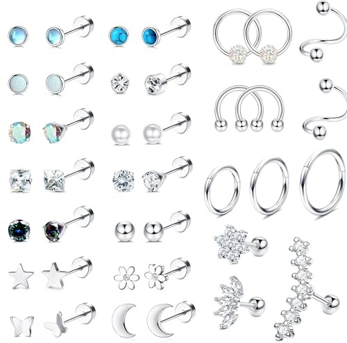KRFY 40Pz Orecchini in Acciaio Chirurgico con CZ Opale e Zirconia, Set da Orecchini con Helix, Violino e Anelliniaccharide con Puntale Piatto da 20G