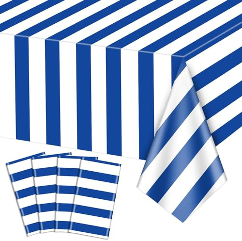 PIXHOTUL 4 Pezzi Tovaglie A Righe Bianche E Blu Navy Copritavolo Nautico Decorazioni Da Tavola in Plastica A Strisce Blu Per Festa A Tema Nautico, Primo Compleanno Del Bambino, 130 X 220 Cm