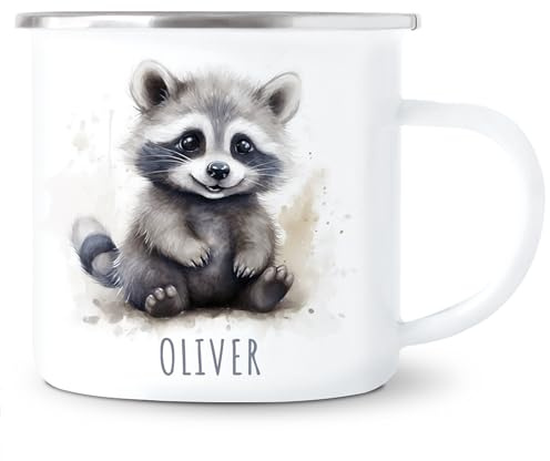 Waschbär Emaille Tasse personalisierter Kinderbecher mit Namen | Personalisiert, hochwertige Emaille, Kindertasse mit Namen, für Mädchen & Jungen, Geburtstagsgeschenk