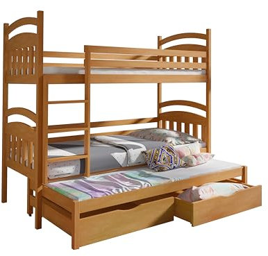 KEF Anton Etagenbett Kinder 80x180 cm - Holz Kinderbett - für DREI Kinder - Holzbett mit Schubladen - Massivholz Kinder Bett mit Lattenrost - Erle ohne Matratze - Leiter Universal