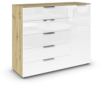 Rauch Möbel Flipp, Kommode, Farbe Glas Weiß/Eiche Artisan, Breite 120 cm | Sideboard, 1-türig, 5 Schubladen, Soft-Close-Funktion, für Schlafzimmer, Gästezimmer, Wohnzimmer, Garderobe, Flur