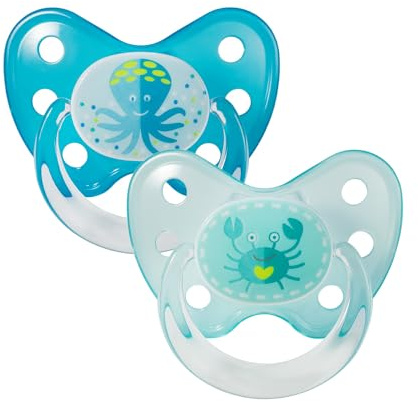 dentistar Silikon Schnuller 2er-Set – Größe 2, 6-14 Monate – Zahn- & kieferfreundlicher Nuckel mit Dental-Stufe – BPA-frei – Made in Germany - Krabbe & Krake
