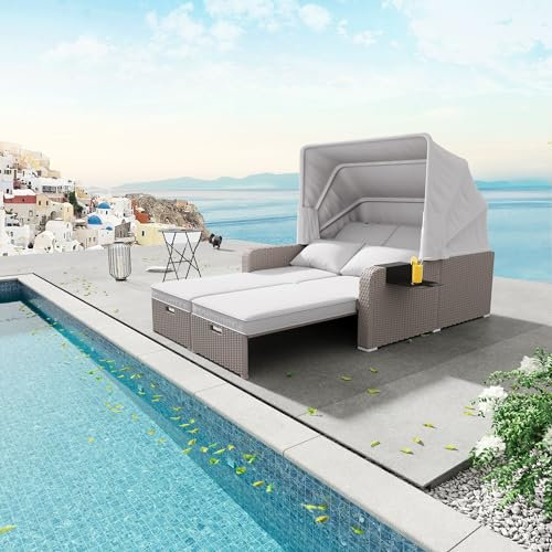 Merax Gartenlounge-Set, Polyrattan mit aufklappbarem Sonnendach inkl. Kissen für 2 Personen, Gartenmöbel Set, Gartensofa, Loungesofa (Khaki)