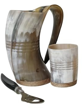 Viking By Heart Cuerno de buey real de 5 pulgadas de largo, taza de cuerno de vikingos con vaso de chupito y abrebotellas, bolsa de algodón con cordón incluida, capacidad de 17 onzas, taza de cuerno