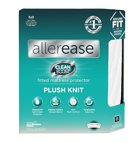 AllerEase CleanBoost Plush Knit Mattress Protector Waterproof Particle Barrier Temperature Balancing Soft Plush Comfort Machine Washable Fitted Cover with Elastic Anchor Bands Mattress Cover, Full