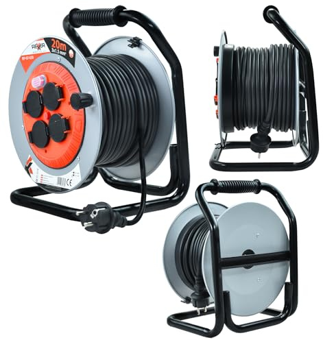 REXXER Kabeltrommel 20 m Metall IP44 – 4 Steckdosen Typ E | 3x1,5 mm², Überhitzungsschutz, für Außenbereich, Baustelle, Garten und Werkstatt