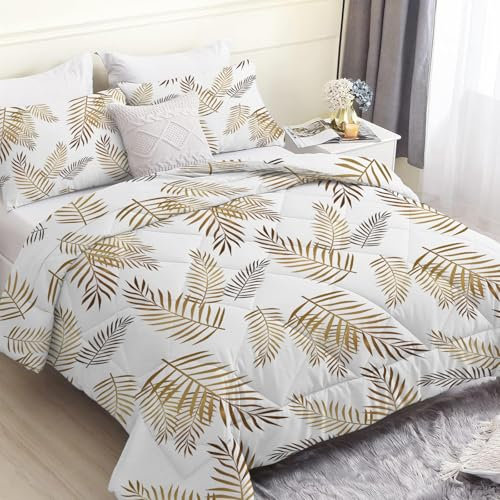 Linfye Couette 220x240 cm Plantes Blanche Imprimée Feuilles Palmier 4 Saisons pour Lit 2 Personnes, Edredon Réversible Légère, Sans Housse, avec 2 Taies d'Oreiller 65x65 cm