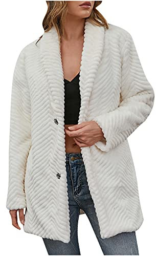 Komiseup Fleecejacke Damen, Winterjacke Damen Lange Winter Pelzmantel Elegant Kunstpelz Jacke Offener Front Wintermantel Dick Plüschjacke mit Kapuze Warme Kunstfell Oberbekleidung Faux Pelz Coat 22