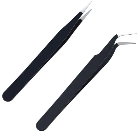 iCovalescent Set di 2 pinzette dritte e curve, in acciaio inox, per peli del viso, ciglia, sopracciglia e peli incarniti (nero, 11,5 cm x 1 cm)