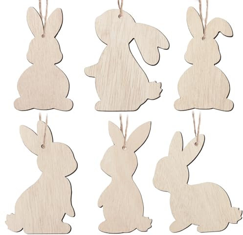 BETESSIN 12Pcs Pendentifs Lapin de Pâques en Bois 9,4x5cm avec Ficelle Décoration Suspendue Pâques