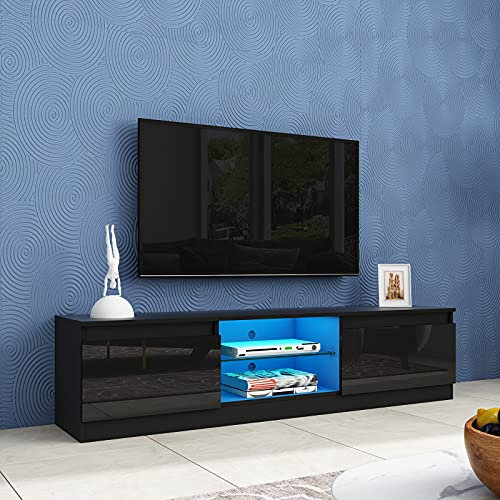 Meuble TV moderne noir brillant avec lumières LED et rangement 160 cm Meuble TV avec 2 portes et 2 étagères ouvertes Meuble TV LED pour chambre à coucher, salon, maison