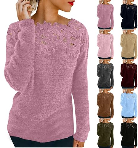 HUIFUAO Lace Cashmere Jumpers Ladies Plus Size Velvet Sweaters for Women UK Long Sleeve Elegant Sexy Womens Sweatshirts and Pullover