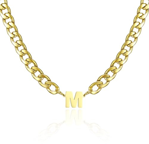 AFSTALR Chaine Homme Acier Inoxydable Collier Lettre en Or avec Lettres M Chaîne Cubaine avec Initiale Personnalisé 50CM Cadeau pour lui papa fils mari petit ami