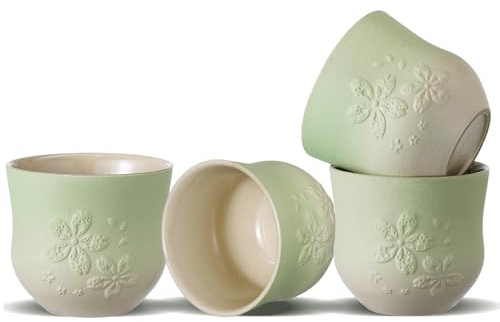 ZENS Japanische Teetassen Set von 4 – 210 ml Keramik-Teetassen, Farbverlauf, grüne Glasur, geprägtes Sakura-Design, grifflose Matcha- und Gongfu-Tassen, traditioneller asiatischer Stil