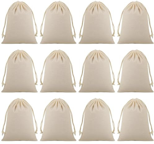 12 Stück Baumwollsäckchen mit Kordelzug - 15x20cm - natürliche Geschenkbeutel - wiederverwendbar - für Stoffbeutel klein - zum Bemalen - Aufbewahrung - Reisen- weiß