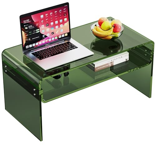 solaround Acrylic Coffee Table for Living Room Clear Rectangle Lucite Table with Open Storage Shelf (1, Green, Nomal)