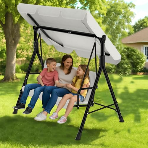 Hollywoodschaukel，Schaukelbank 3-Sitzer，Gartenschaukel mit verstellbarem Sonnendach，Anti-Rutsch-Füßen，Wetterfest，Hängeschaukel，Gartenliege，Balkon Relaxbank für Garten&Terrasse，176x110x152cm，Beige