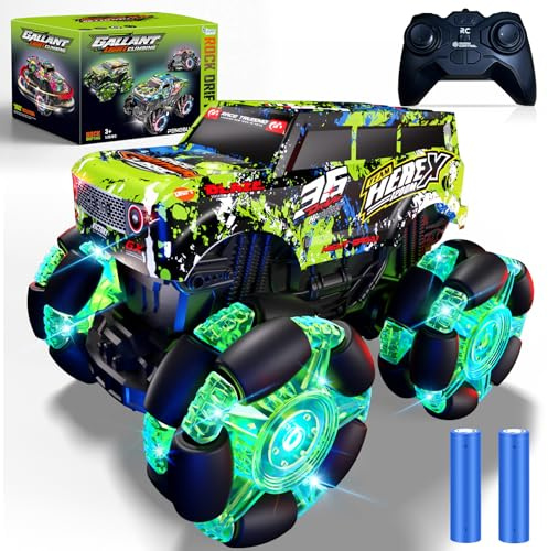 PENGBU RC Remote Controlled Car from 3 4 6 Years, 2.4 GHz Monster Truck Remote Controlled with Light Tyres and Music, 1/20 Remote Controlled Monster Truck with 360° Rotation and 2 Batteries, Boys 3 4