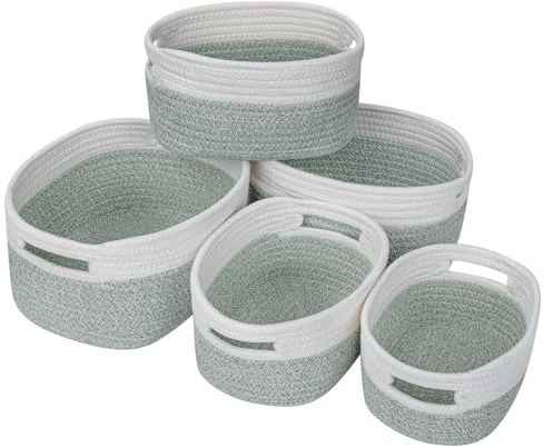 Ezvsevuo Aufbewahrungskorb 5er Set, Korb Geflochten, Aufbewahrungskörbe, Aufbewahrungskorb Wickeltisch, Geschenkkorb Baumwolle, Organizer Korb für Badezimmer Babyzimmer Schlafzimmer - Weiß & Hellgrün