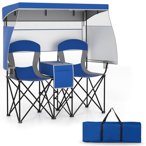 GIANTEX Silla de Camping Doble Plegable, Silla Portátil con Toldo Ajustable, Cortina, Portavasos, Bolsa Refrigeradora y Bolsa de Transporte, Sillón de 2 Plazas para Pesca, Playa, Parque (Azul Oscuro)