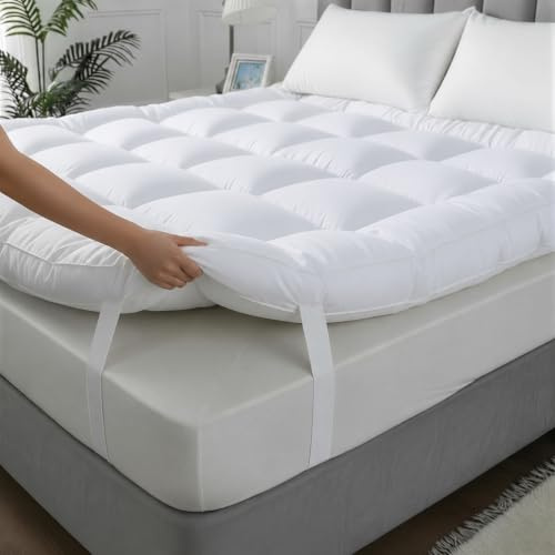 ELITLUX 10cm Hotel Quality Quilted Microfiber Mattress Topper Kingsize bed – Luxury Comfort, Hypoallergenic, Breathable & Extra Deep Fitted Mattress Topper With Easy Fit Straps (150x200cm)