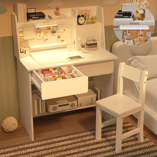 NKUGCFC Ivory White Wooden Kids Study Desk and Chair Set, Childrens Desk with Light and Paper Roll Rack, 2 Drawers,Storage Cabinets and Shelves, Boys & Girls Study Desk for Bedroom and Kidsroom