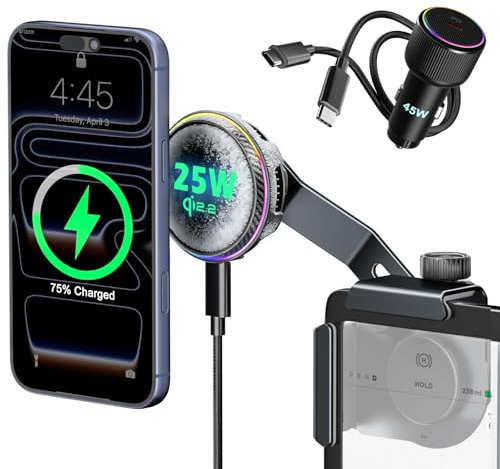 CloudValley Qi2.2 25W Wireless Charger Phone Mount for Tesla Model Y/3 with RGB Lighting, Magnetic Extendable Metal Car Holder with Cooling Fan & 45W Adapter, Design for iPhone MagSafe 17/16 Pro Max
