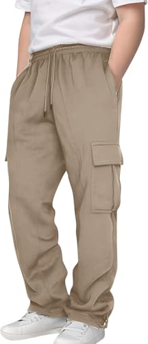 Generiska barnsportbyxor lösa breda ben termobyxor joggingbyxor avslappnade lätta mjuka sweatbyxor joggingbyxor breda ben elastisk midja träningsbyxor casual utomhus sweatpants med fickor, kaki, 140