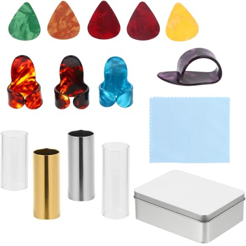 TOYZFRIENDY Guitar Slide Set with Glass Tube Slide and Iron Storage Box Includes Finger Picks and Gift Random Color