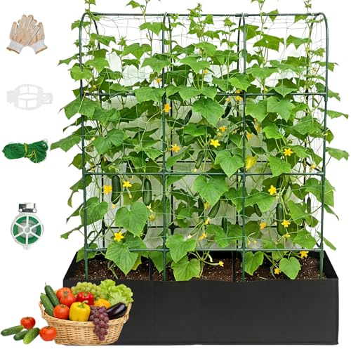 152cm Gurkenspalier mit Pflanztasche, Rankhilfe für Gurken & Tomaten, Stabiles Rankgitter Set aus Metall für Kletterpflanzen & Gemüse, Platzsparendes Vlies-Hochbeet für Garten, Balkon & Terrasse