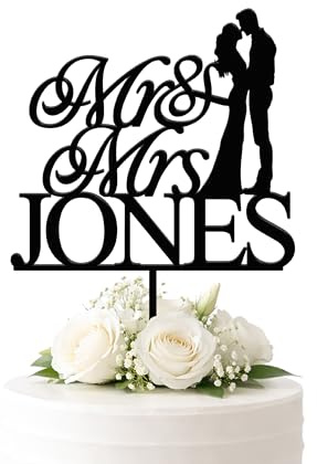Custom Mr & Mrs Wedding Cake Topper with Bride & Groom Silhouette, Personalised Surname Wedding Cake Decoration, Wooden or Acrylic