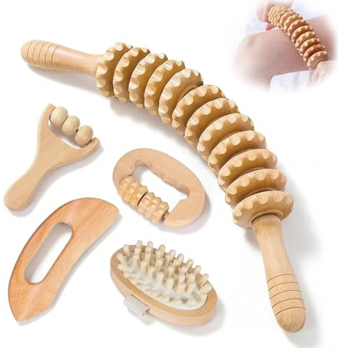 Eulihent Wooden Massage Roller Tools 5 Pcs Therapy Massager Roller Accessories Anti Cellulite Body Sculpting Tools Muscle Pain Relief Maderotherapy Kit for Relaxes, Leg, Arms, Back, Neck
