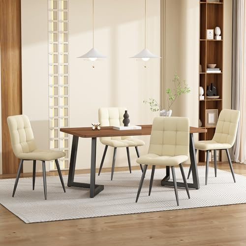 YAIXBNG matgrupp (5 -TLG), matbord med 4 stolar, modernt köksbordsset, träkorn köksbord med svarta metallben, MDF-bordsskiva i valnötsfärg, beige sammet matstolar