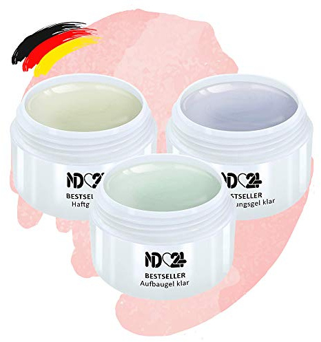 ND24 NailDesign – Gel Set mit Haftgel + Aufbaugel Klar + Finish Versieglergel für Gelnägel – Gel für eine Naildesign Modellage wie im Nagelstudio – für Anfänger geeignet – Made in Germany (3x 30ml)