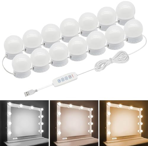 Pretmess LED Vanity Mirror Lights, Hollywood Style With 14 Dimmable Bulbs, Adjustable Color & Brightness, USB Cable, Stick-on for Makeup Table Dressing Room