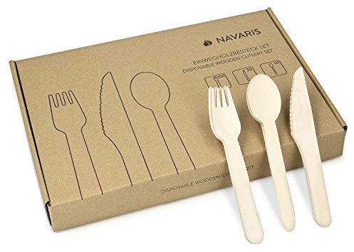 Navaris Posate in Legno USA e Getta - Set 100x Forchette 50x Coltelli 50x Cucchiai - Stoviglie Monouso Ecologiche e Biodegradabili in Betulla