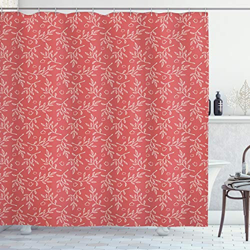 ABAKUHAUS Apfel Duschvorhang, Obst Branchen, Stoffliches Gewebe Badezimmerdekorationsset mit Haken, 175 x 200 cm, Dunkle Koralle und Elfenbein