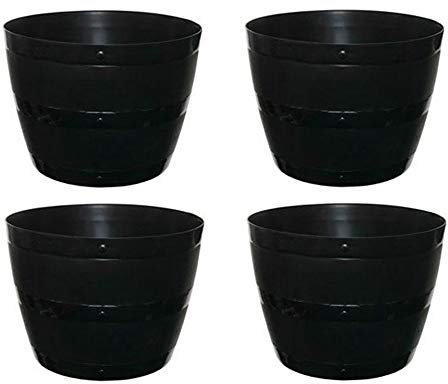 Set Of 4 Black Barrel Planter Small Round Plastic Plant Pot 34cm Patio Garden Flower Tub