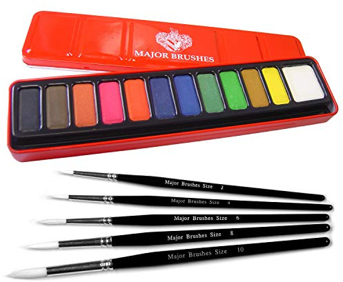Major Brushes White Sable Round Brush Set of 5 Plus Artist Watercolour Paint Tin 12 Blocks Red Metal Lid