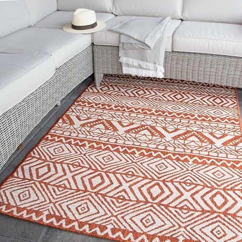 Terracotta Tribal Washable Hardwearing Outdoor Rug Orange Rust Weather Resistant Easy Clean Woven Garden Mats Indoor Kitchen Utility Pet Friendly Rugs 160cm x 230cm