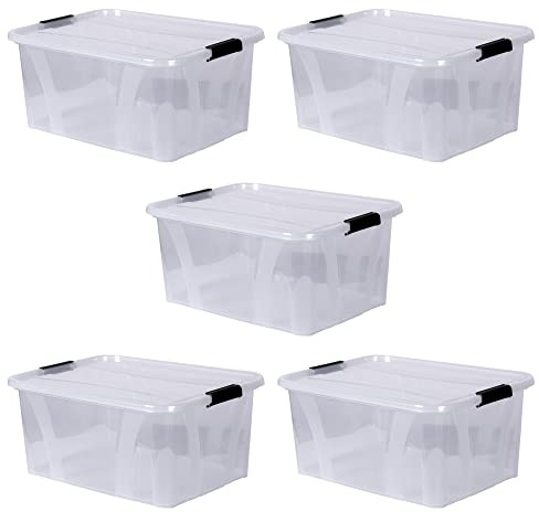 Aufbewahrungsbox + Deckel 5er Set, transparent versch. Gr. stapelbar | Lebensmittelbox Transportbox Vorratsbox Wäschebox Kunststoffbehälter Campingbox Wohnmobilbox (L 51 x B 38,5 x H 23 cm - 32l)