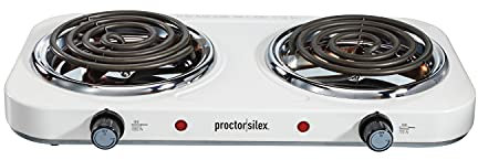 Proctor Silex Quemador eléctrico para encimera, mini estufa compacta y portátil, doble placa caliente de temperatura ajustable, 1700 vatios, blanco e inoxidable (34116)