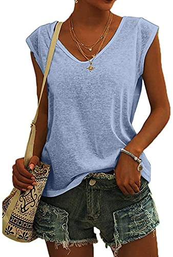 KOG Bluse Damen Elegant Ärmellose T-Shirt Shirt Casual Weiß Oberteile mit Flügelärmeln Frauen Schwarz Kleidung Frau Grau Sommer Shirts Top Damen V-Ausschnitte Tshirt Klamotten Blau XL