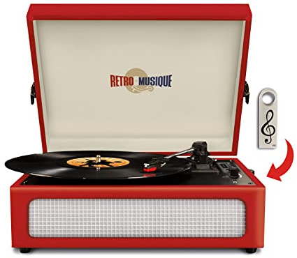 Retro Musique Bluetooth Table Top Turntable Record Player With FM Radio and Built-in Speakers includes 1 x 4GB USB (Red)