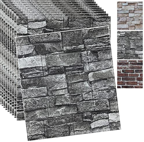10PCS 3D Wall Panels Peel and Stick 3D Brick Wallpaper Peel and Stick Faux Stone Wall Panel Foam Brick Self-Adhesive Wallpaper (Black,10pcs)