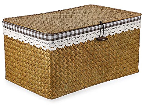 IGNPION Aufbewahrungskorb aus Seegras mit Deckel und herausnehmbarem Einsatz – gewebte Schreibtisch-Organizer-Box für Badezimmer, Regale und Schreibtische – dekorativer Mehrzweck-Aufbewahrungskorb