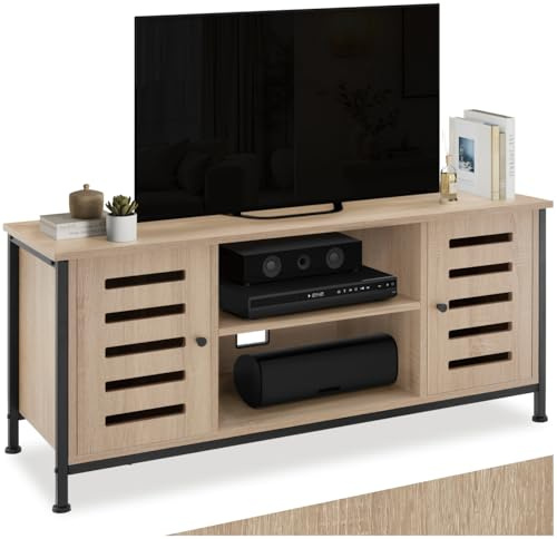 tectake® TV Lowboard, TV Kommode für Fernseher bis 55 Zoll,110 x 41,5 x 50,5 cm, Fernsehtisch, Regal mit Türen, Sideboard Holz + Metall, Wohnzimmer Möbel - Industrial Holz hell, Eiche Sonoma