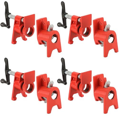 FLKQC 3/4 Wood Gluing Pipe Clamp Set with Unique Foot Design Red Heavy Duty Bar Clamps Cast Iron Quick Release Pipe Clamp Tools for Woodworking (4pc, 3/4 with foot)