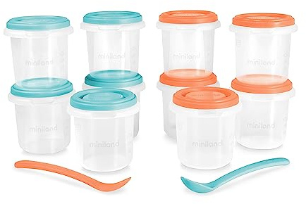 Miniland Set 10 Hermisized Mediterranean 200ml. Pack de 10 herméticos graduados (200ml) y dos cucharas, seguros, resistentes y aptos para lavavajillas, microondas y congelador.