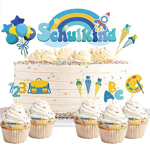 20 Stück Schulanfang Tortendeko, Tortendeko Einschulung Junge | Schuleinführung deko Cupcake Topper für Schulkind, Junge und Mädchen, Blau Regenbogen Schulanfang Party Dekoration